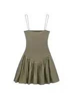Women's Patchwork Ribbed Poplin Puff Mini Dress, Straight Neck, Thin Straps, Female Dresses, Sexy Fashion - Image 2