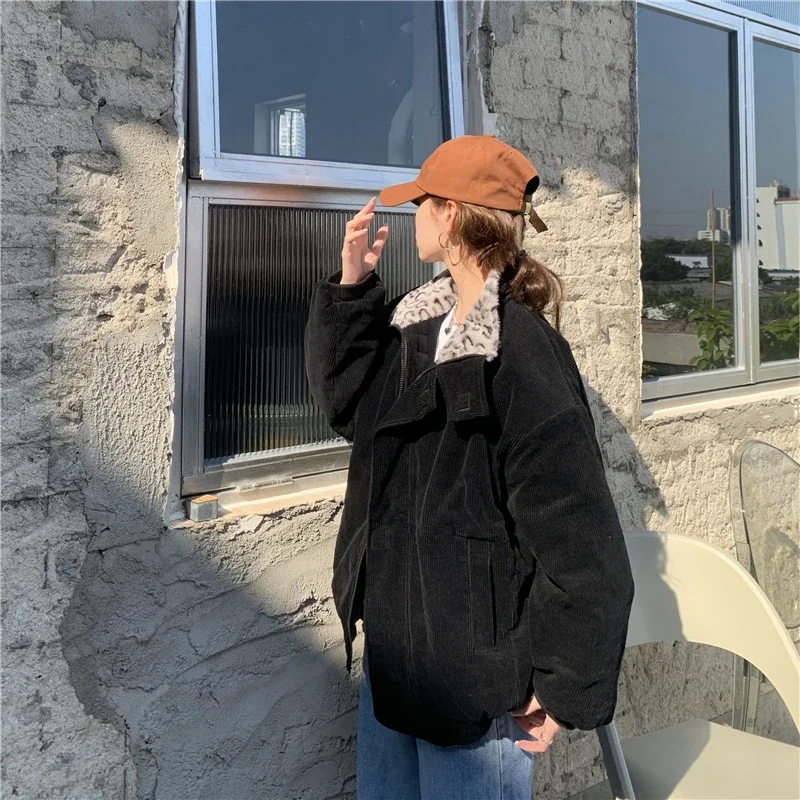  New Autumn and Winter Leopard Print Patchwork Ladies Jacket Corduroy Warmth Thick Loose Casual Jacket Women Elegant Top
