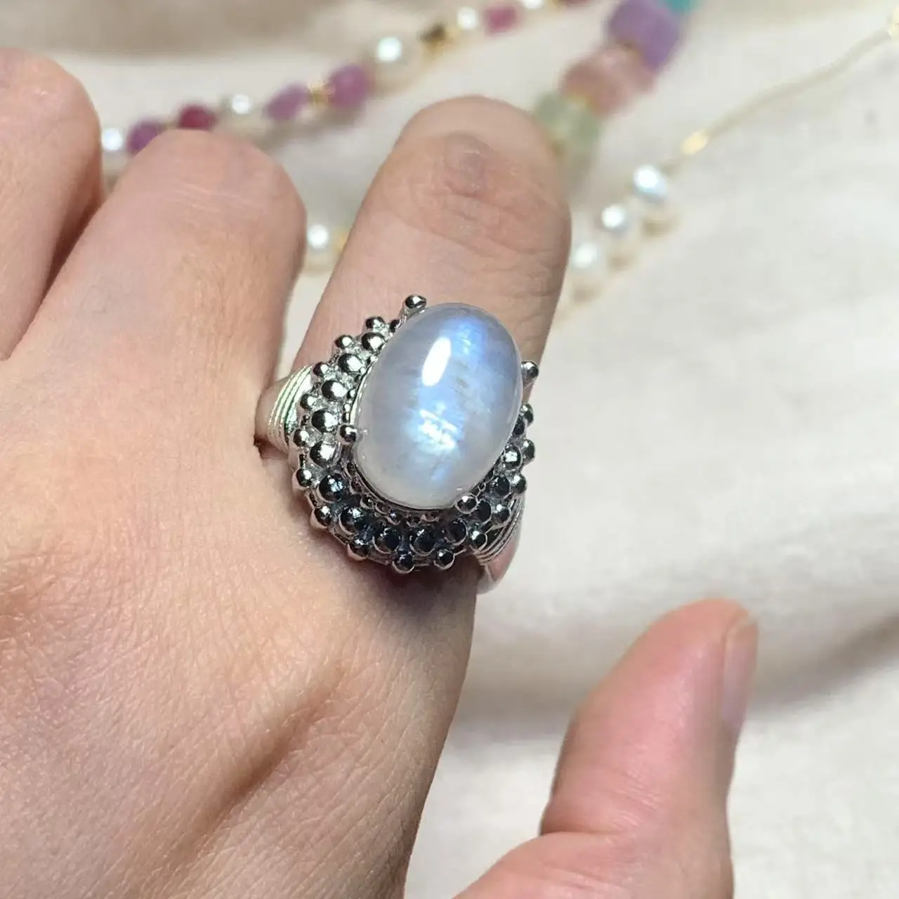 14*10MM Natural BLUE Moonstone Ring Adjustable Female  Ring Jewelry for Women Gift Wholesale High Quality Vintage Fine