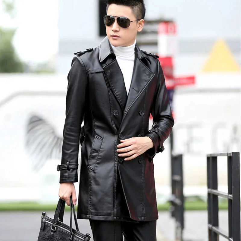 

Leather Jacket Men Medium Length Winter Slim Fit 's Biker Trench Coat Autumn