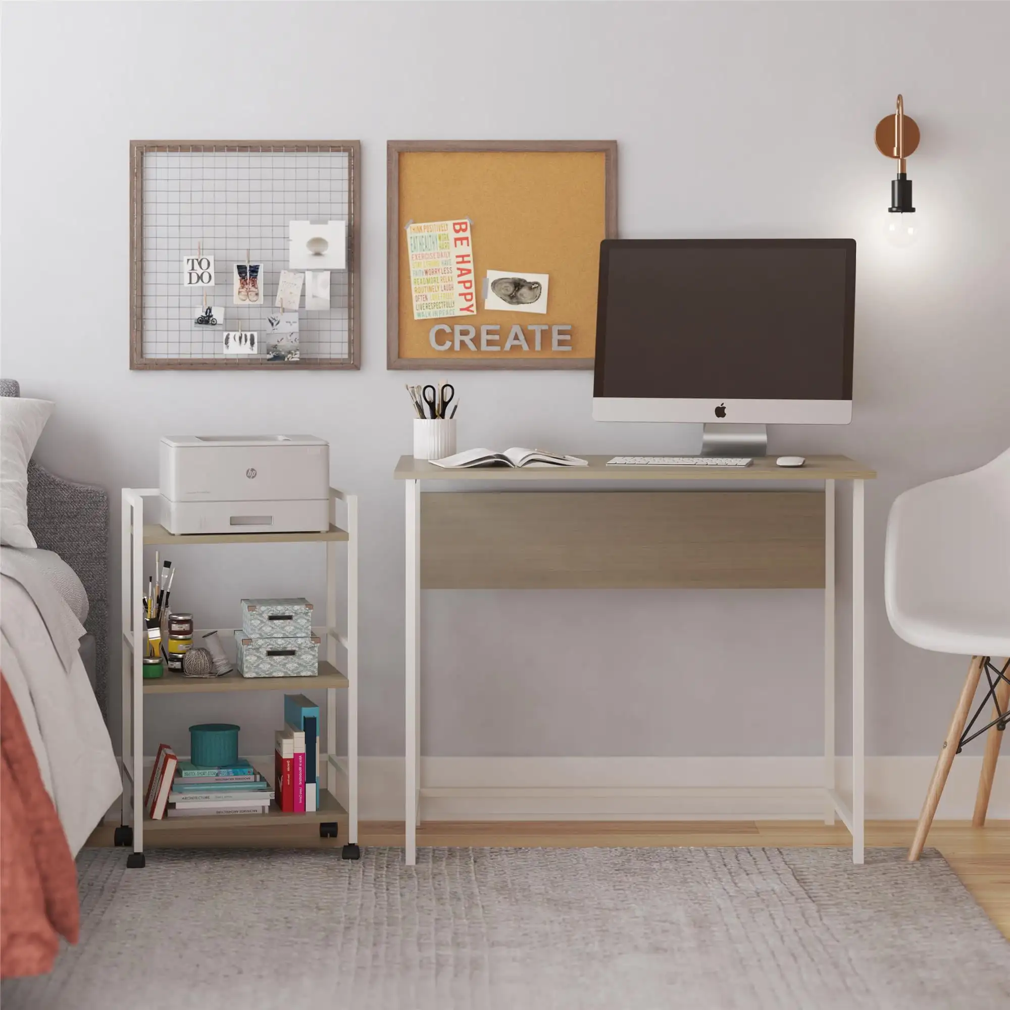 

Desk with Rolling Cart, Pale Oak/White