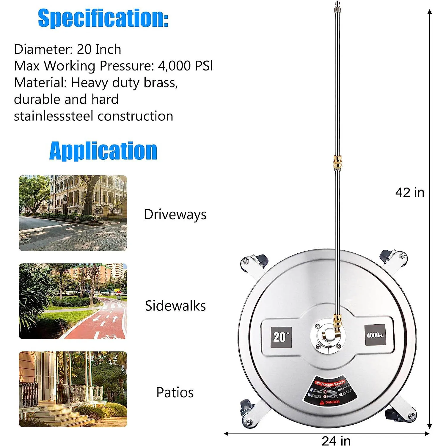 압력 와셔 표면 바닥 클리너 스테인레스 스틸 4 휠, Karcher 1/4 인치 퀵 커넥터 노즐 팁, 4000PSI, 20 인치