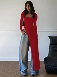 Elegant Spring Solid Long Sleeve Slit Irregular Bodycon Maxi Dress - L (Red)