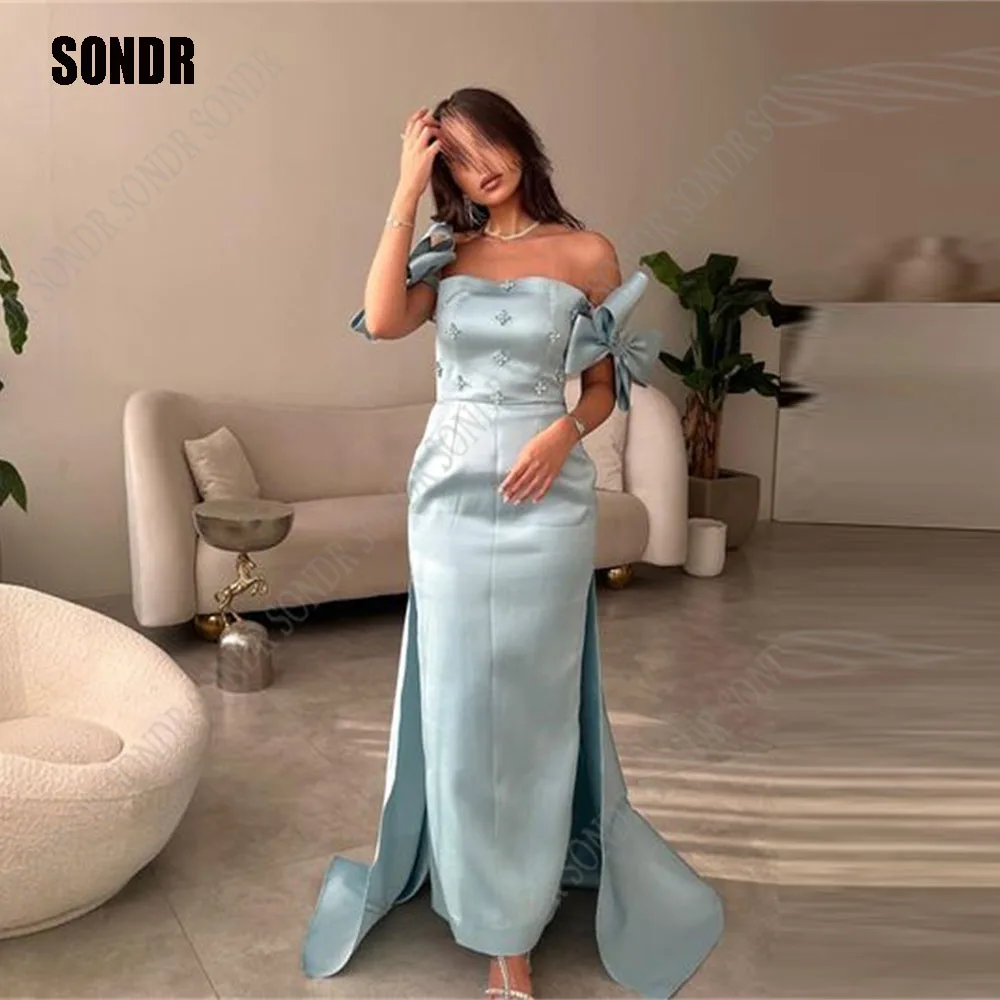 

SONDR Blue Satin Off Shoulder Long Evening Dresses Gown Beads Strapless Short Sleeve Custom Prom Dress Formal Event Pretty Gowns