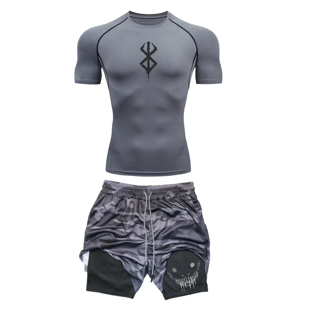 Sacrifice Anime Compression Sportswear Set Fitness Suit for Men Quick Dry Manga Compression Shirt+Gym Shorts 2PCS Running Workou