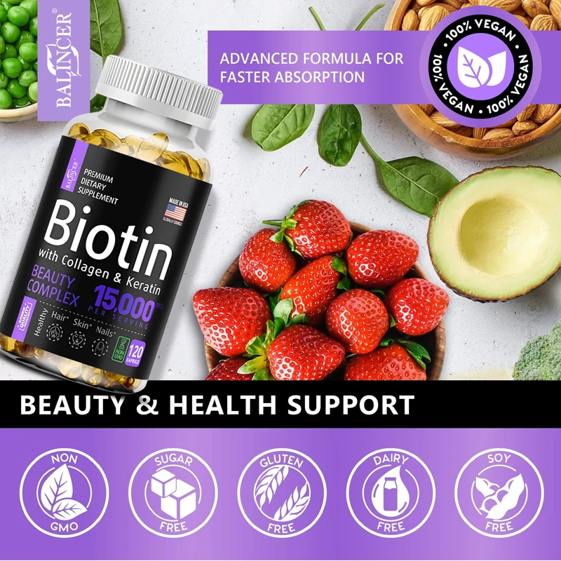 Collagen Supplements Balincer with Biotin + Collagen + Keratin Supplement for Hair Skin Nail Health Non-GMO 120 Capsules