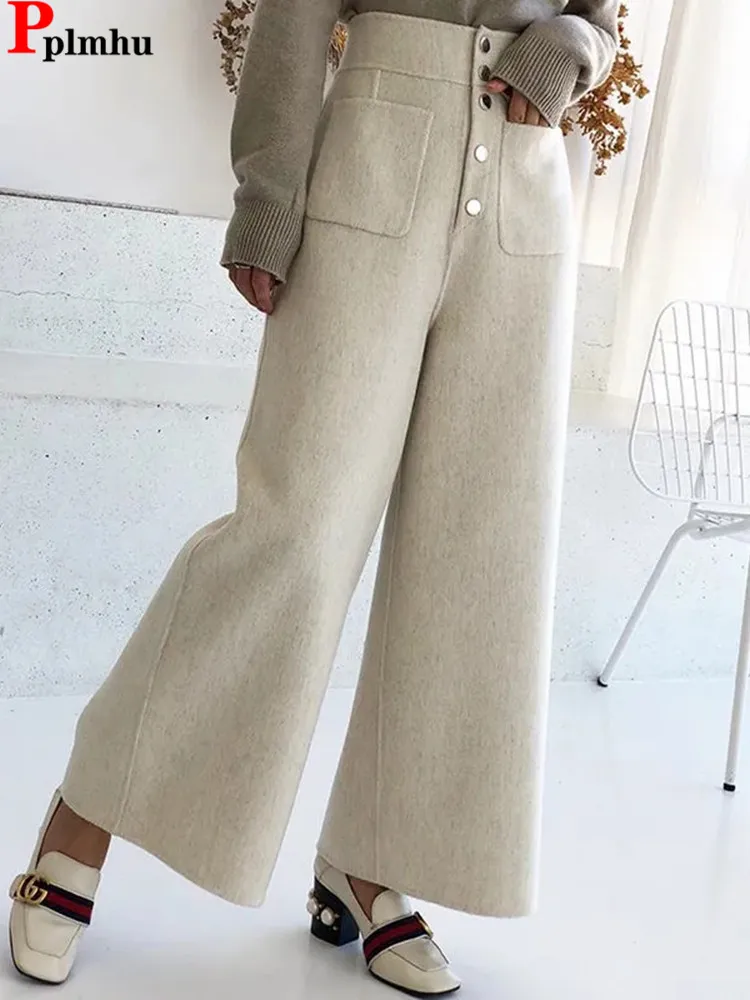 

Elegant High Waist Woolen Blend Wide Leg Pants Korean Fashion Fall Winter Warm Pantalones Casual Baggy 5 Buttons Calcas New 2023