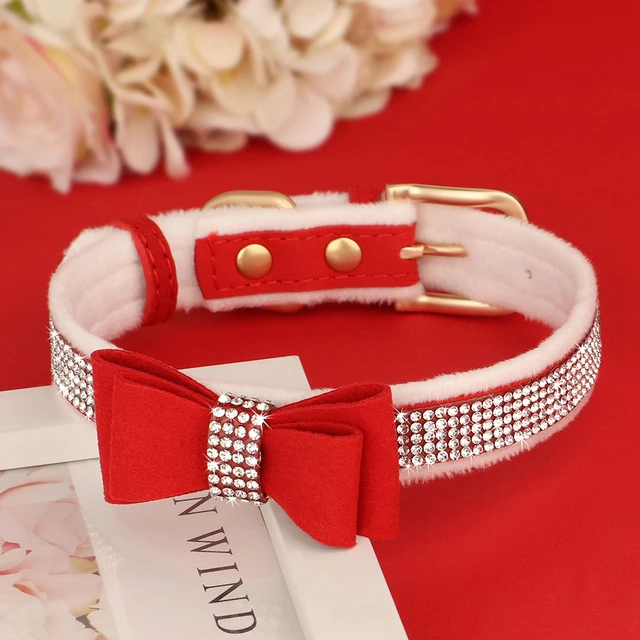 Cute Bowknot Dog Collar Bling Rhinestone Small Dogs Cat Collars Soft Velvet Pet Puppy Necklace Warm Glitter For Dogs Chihuahua 3