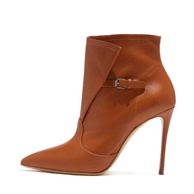 

Black Leather Botas Brown Slip-On Ankle Boots Pointed Toe 2023 Women Shoes Belt Buckle Stiletto High Heels Zapatillas De Mujer