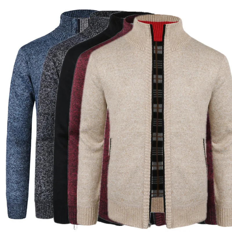

Winter men's long-sleeved stand-up collar plus velvet thickened cardigan sweater men's warm and fat knitted sweater men