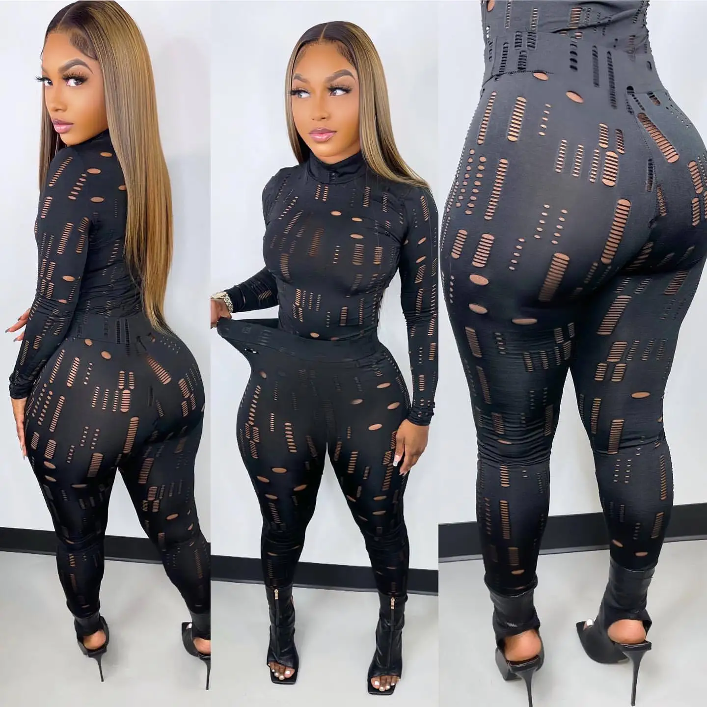 Women Tracksuit Two Piece Set Hole Design Fashion Trend Sexy Set Long Sleeve and Pencil Pants Suit Sport Black Fitness Outfits red pant suit