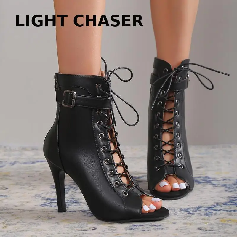 

2023 Women Sandals Fashion Sexy Thin High Heels Open Toe Zipper Dancing Shoes Summer Ballroom Dance Short Boots Woman's Size 43