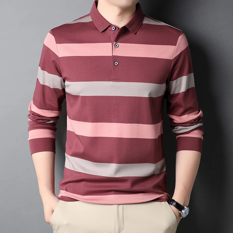 

Рубашка-поло мужская с длинным рукавом, 2022 хлопок, в полоску