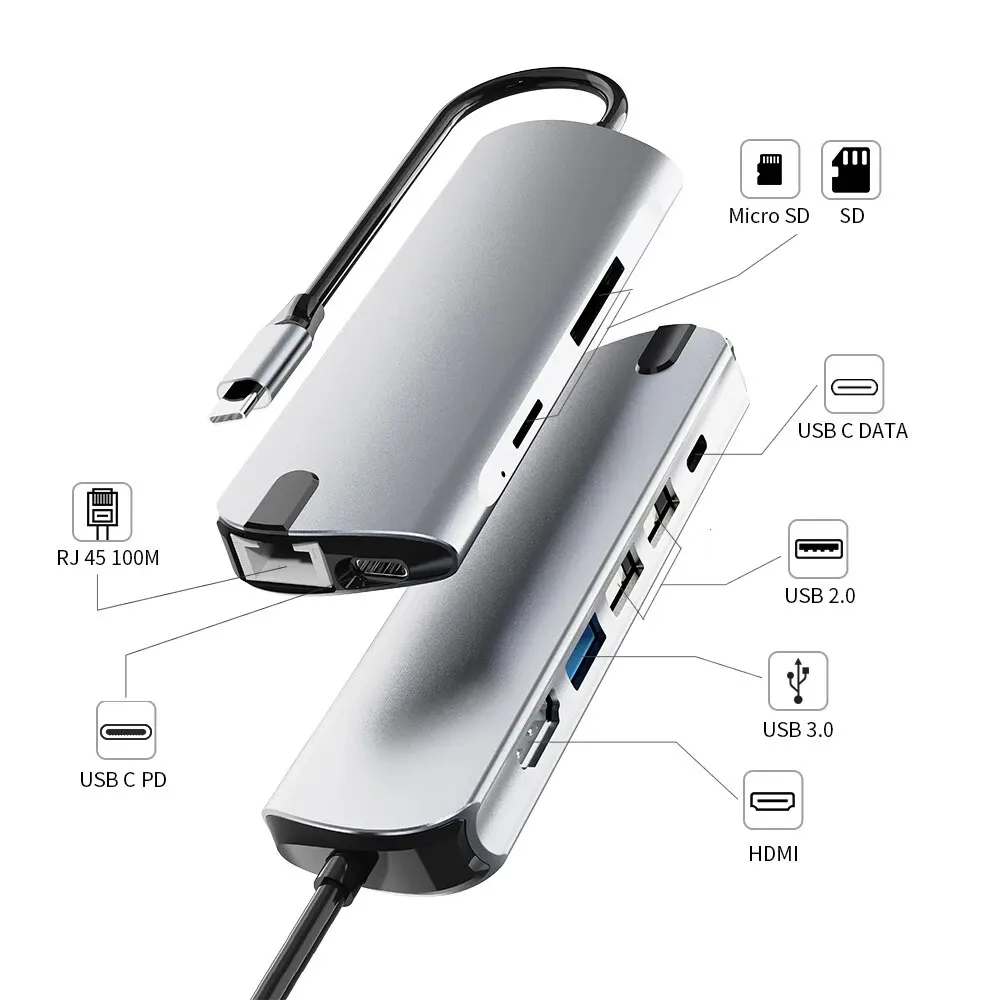 맥북 노트북 컴퓨터 PC용 USB 3.0 허브, USB C 도킹 스테이션, HDMI 4K 30Hz RJ45 PD100W 도킹 SD TF 슬롯, 9 in 1