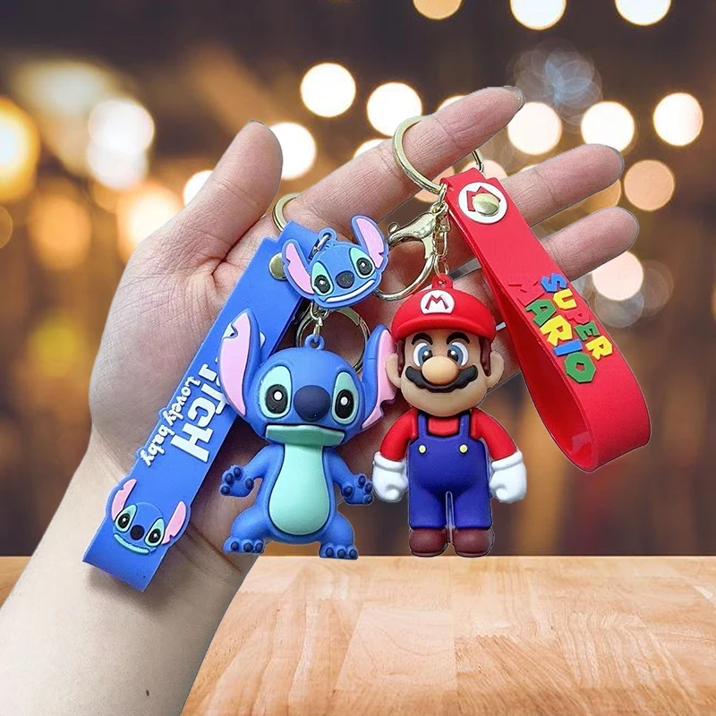 Super Mario Bros Spiel Stich Disney Schlüssel bund Wunder Action figur Spielzeug PVC Silikon Anhänger Auto Cartoon Tasche Anhänger Schmuck Geschenke