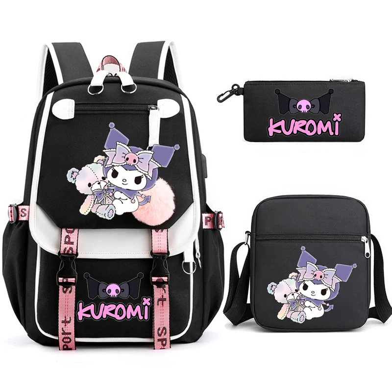Kuromi حقيبة ظهر الطالب 3 قطعة حقيبة الظهر الكرتون حقيبة مدرسية للبنات لطيف الترفيه السفر Mochilas