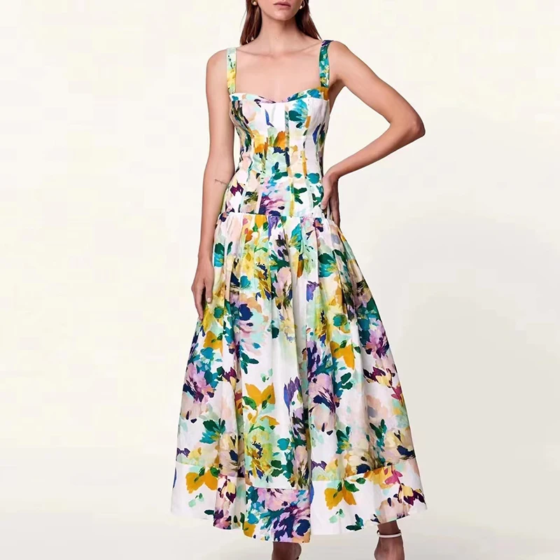 

Women Spaghetti Strap Maxi Dress Summer Floral Print Sleeveless Slim Long Casual Slip Dress 2023