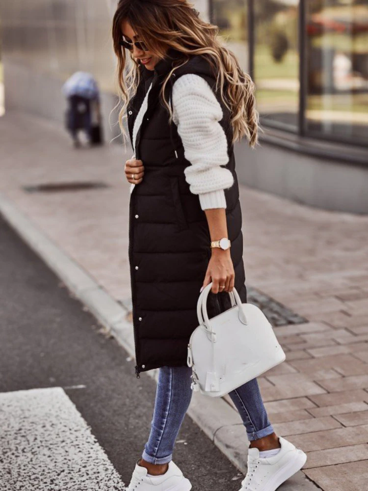 FSMG Autumn/Winter Women\'s Hooded Cotton Vests Solid Color Single Breasted Midi Length Slim Fit Chic Cardigan Outerwear Top eam