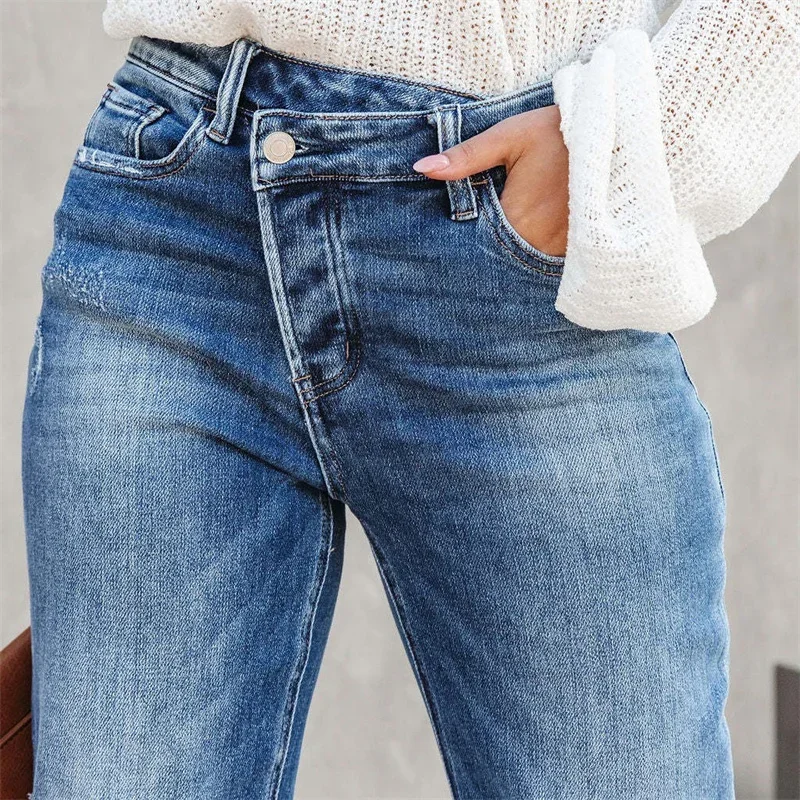 Women High Waist Slant Buckle Splice Straight Jeans Broken Holes Casual Denim Pants New Female Office Commuter Washable Trousers