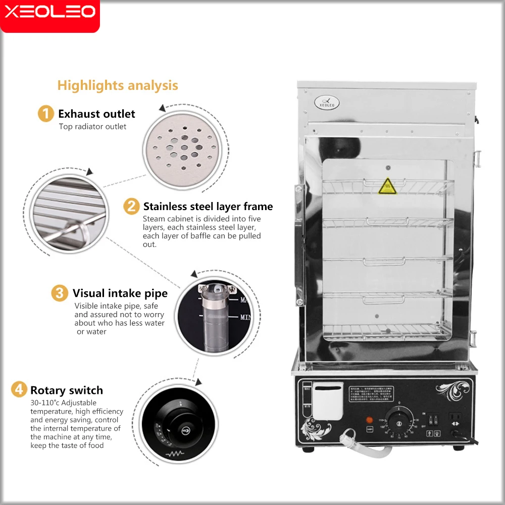 XEOLEO Electric Steamer Commercial Bun Stainless Steel Warmer Cabinet Food Steam Machine Heat Home Vertical Proceessor