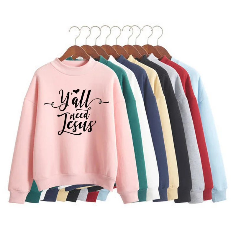 

Y'all need Jesus Print Woman Sweatshirt Sweet Korean O-neck Knitted Pullover Thick Autumn Winter Candy Color Women Clothes
