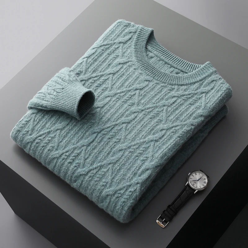 High-End Winter Thickened Jacquard Round Neck Pullover Men's New 100% Pure Wool Sweater Business Warm Cashmere Long-Sleeved Top