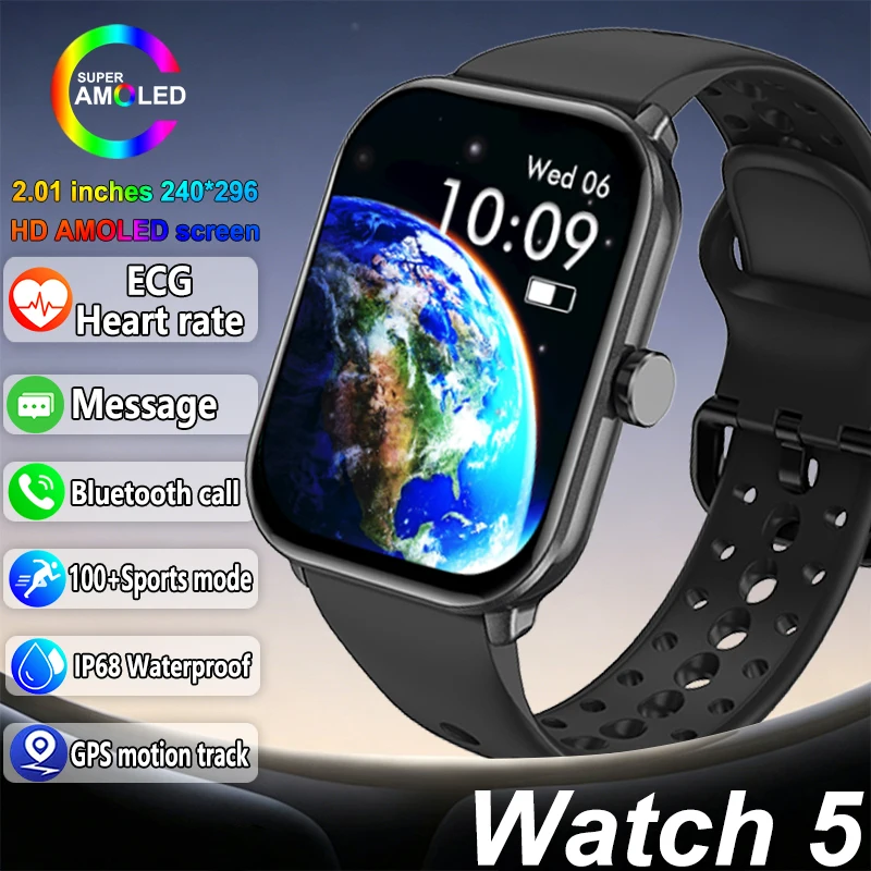 2026 New Watch 5 Sports Smart Watch Men Women AMOLED Screen Fitness Tracker Heart Rate ECG GPS Track IP68 Waterproof Smartwatch 1