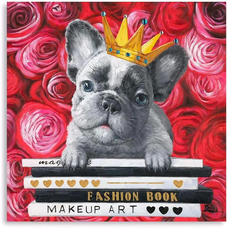 French Bulldog Artwork Wall Art: Cool Red Rose Prints Yellow Golden Crown Posters Pet Dog Decor Puppy &amp Book Canvas Room | Дом и сад