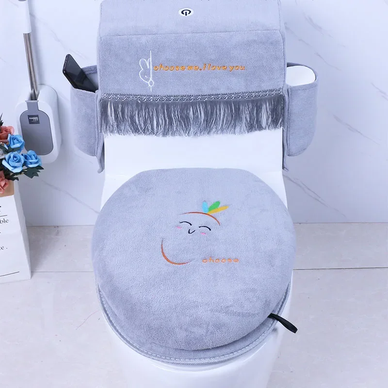 Modern Style Plush Toilet Cushion Set High Quality Cartoon Embroidery Toilet Sseat Pads Tank Dust-proof Protective Cover