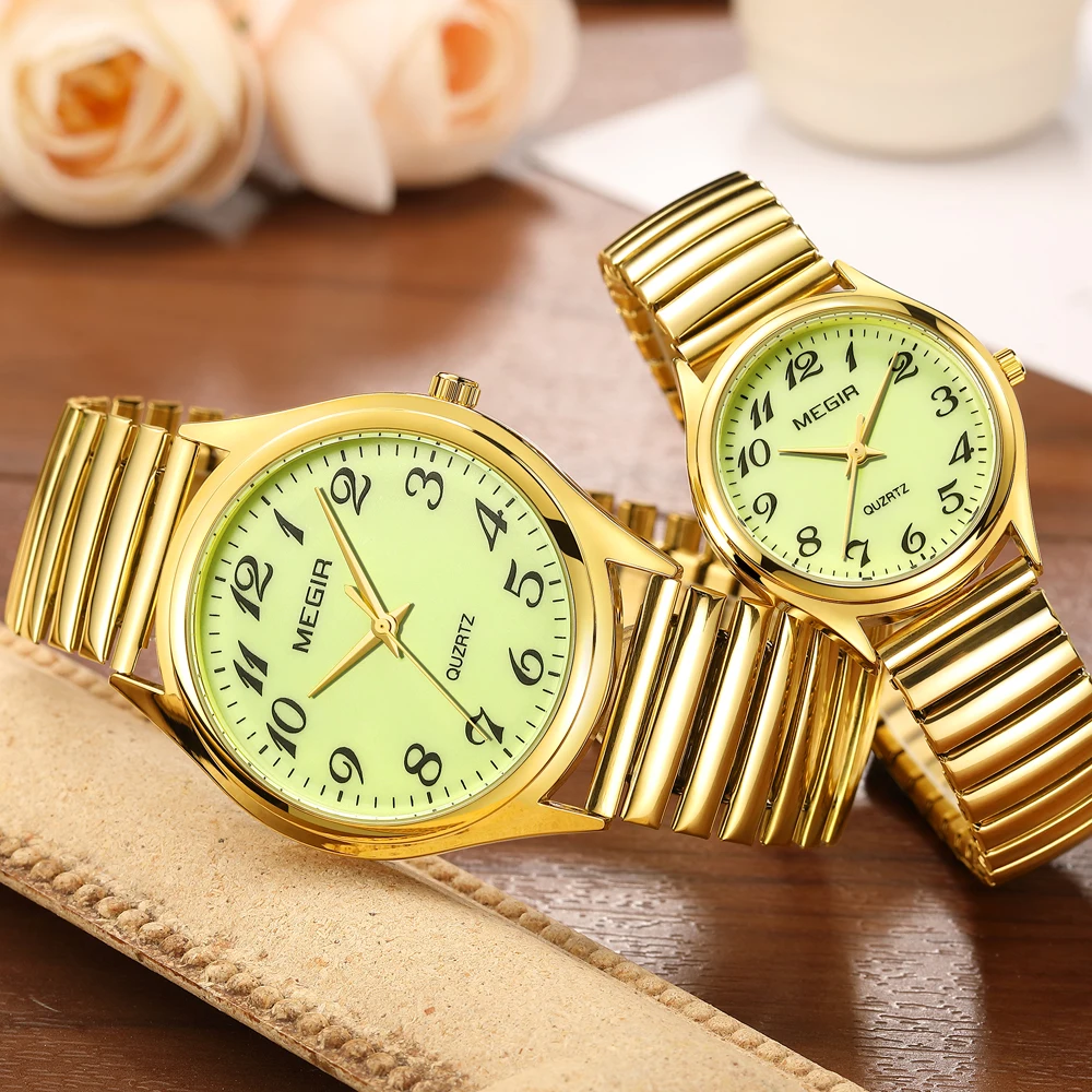 Megir Top Luxury Couple Watch For Men Women Golden Stainless Steel Quartz Wrist Watches Lovers Analog Wristwatch Waterproof, Alina Gadgets