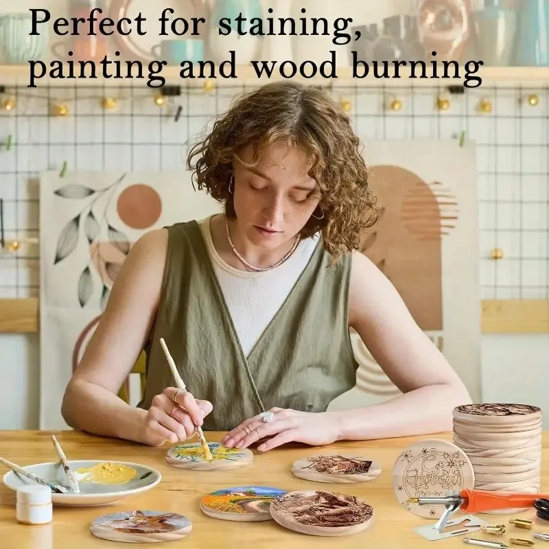 16/32pcs unfinished wood rounds wooden circles discs slices blank coasters crafts for DIY painting laser engraving