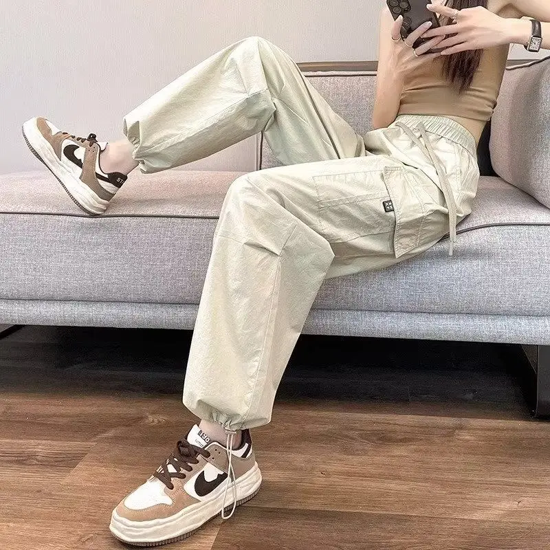 Women's Spring Summer Shirring Solid High Waisted Pockets with Elastic Harlan Lantern Wide Leg Workwear Trousers Vintage Pants 2023 slightly chubby wear with oversized distressed cropped jeans children s harlan dad pants high waist summer thin style