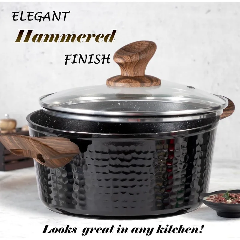 Kitchen Academy Induction Cookware Sets-15 Pcs Black Hammered Cooking Pans Set, Healthy Granite Nonstick Pots and Pans Set