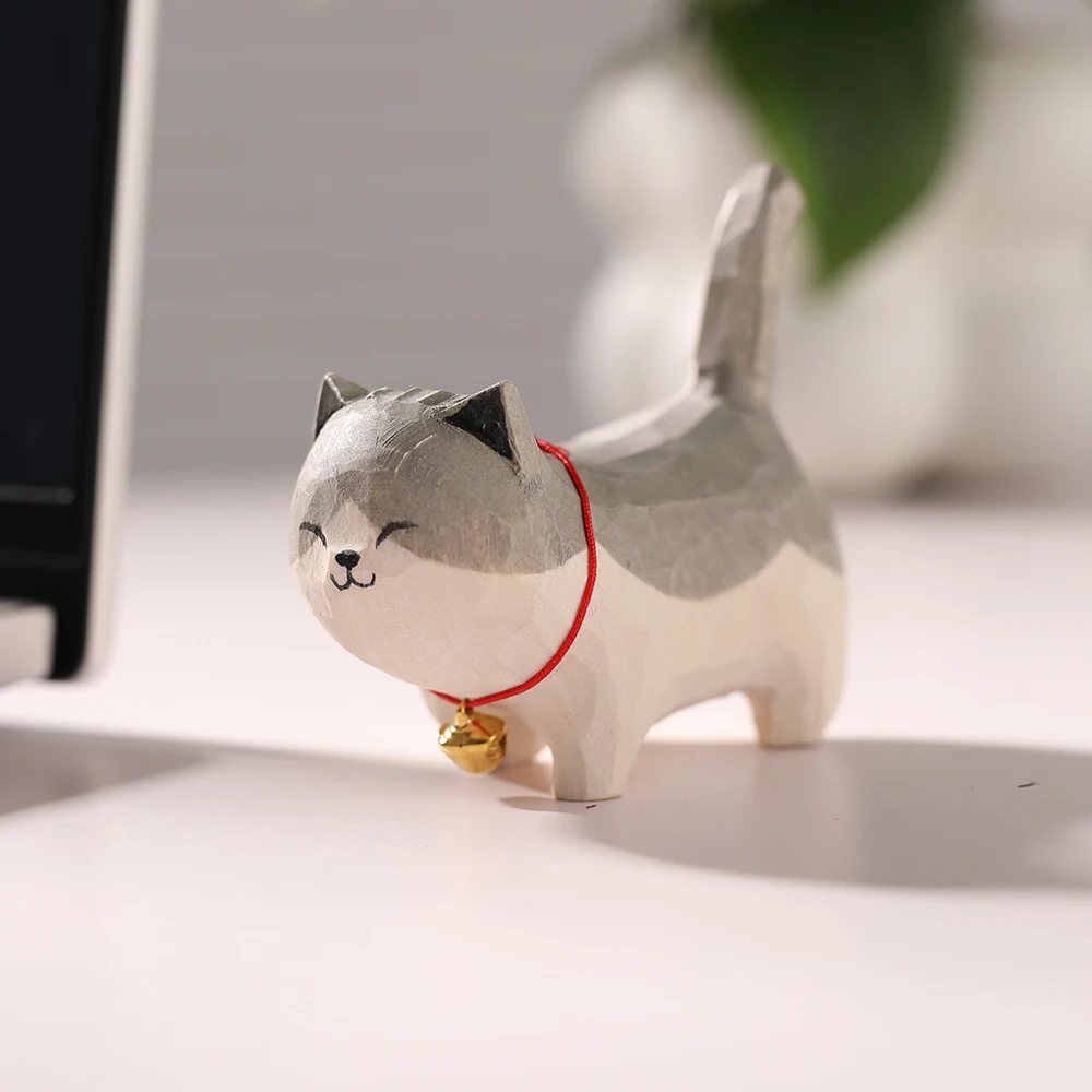 تمثال قطة خشبي منحوت يدويًا - ديكور قطط لطيف للمنز...