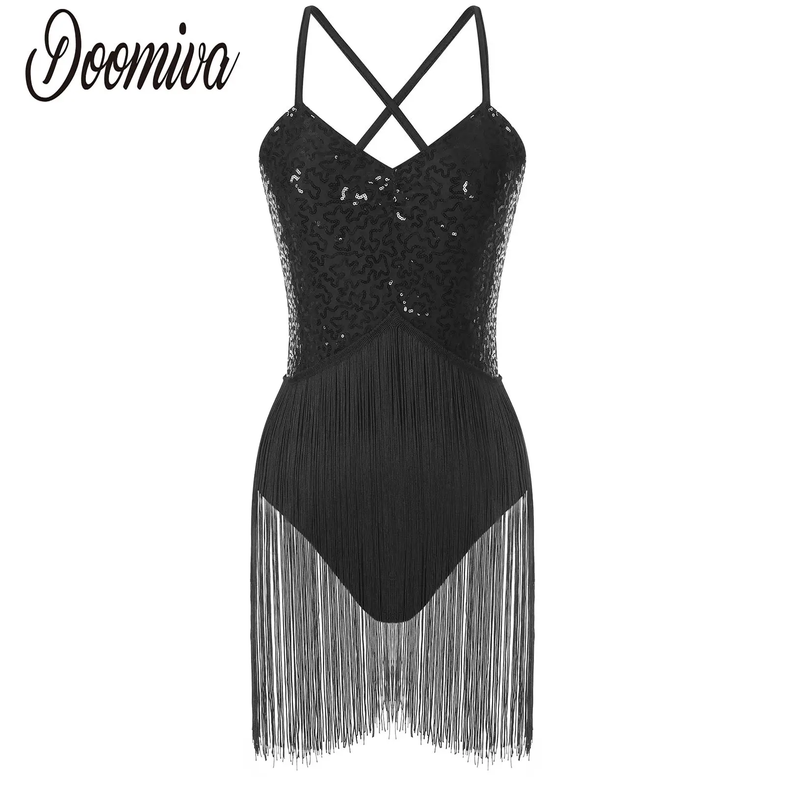 

Black Sequined Fringes Women's Shiny Latin Leotard Outfit Jazz Zumba Dance Bodysuit Samba Chacha Dancewear Singer Stage Bodysuit