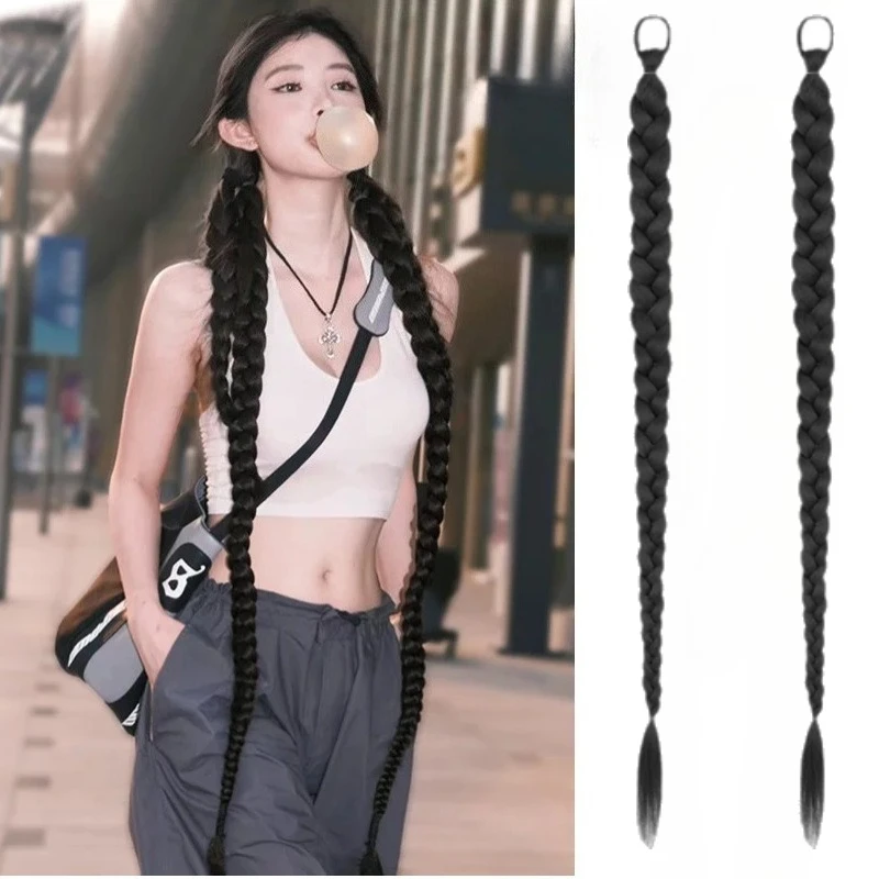 Extensions capillaires synthétiques tressées longues torsadées, avec élastique, perruque tressée de boxe, queue de cheval artificielle pour femmes, quotidien, 1/2 pièces