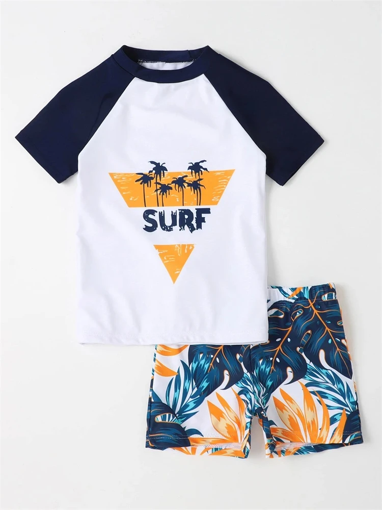 

Boy Swimsuit Kids 2024 New Print Short Sleeves Two Piece Children Swimwear Summer Beach Shorts Swimming Suit Bathing Suit's Wear