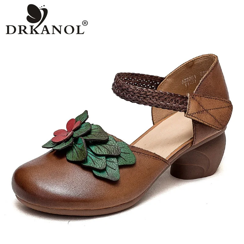 

DRKANOL 2023 New Women Sandals Summer Genuine Leather Flowers Thick Heel Sandals Retro Style Round Toe Casual High Heel Shoes