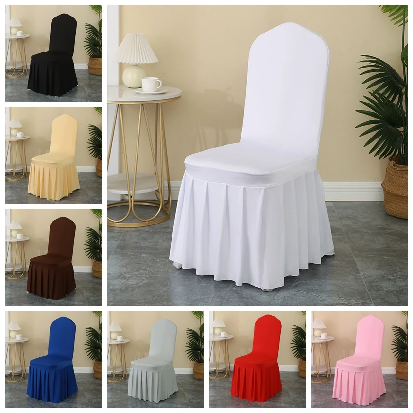 

Wedding Chair Cover Party Decoration Spandex With Skirt Pleated Use Elastic Stretch Dining Luxury Birthday Hotel Banquet