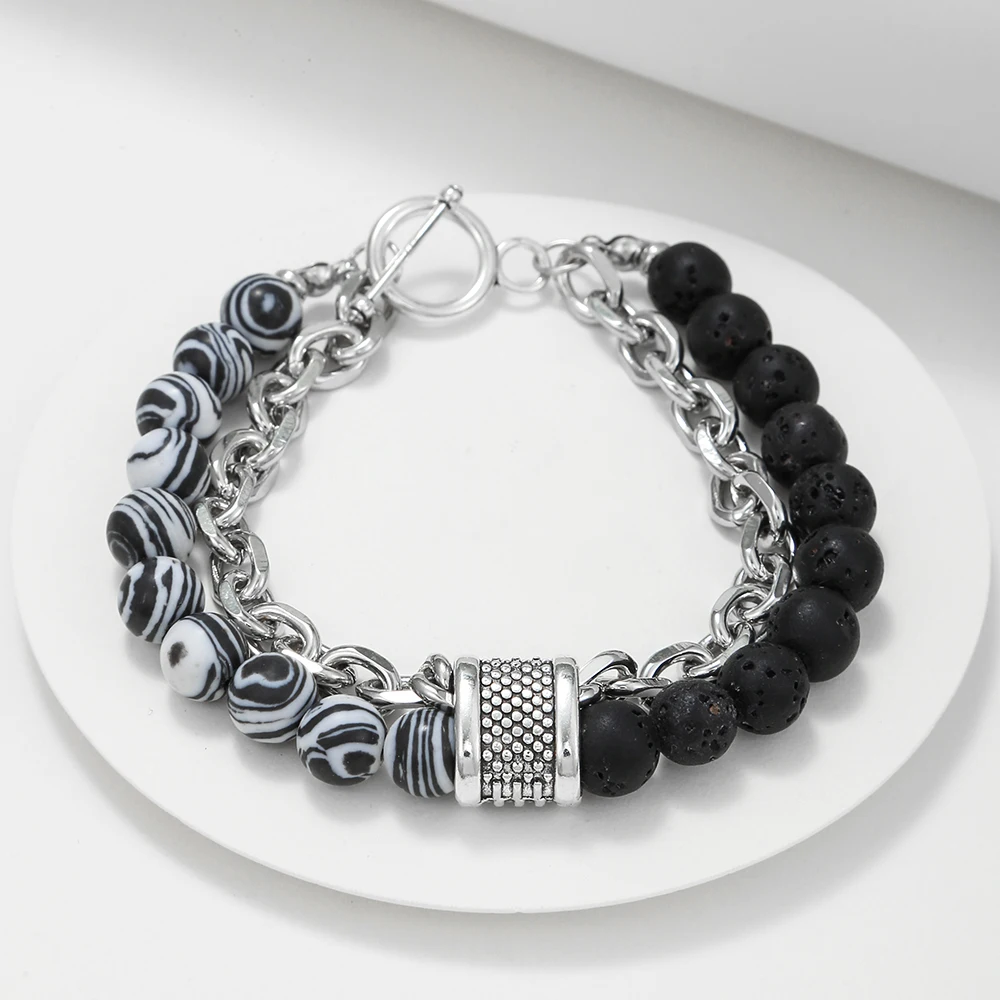 1 PCs Fashion Punk Frosted Stone Chain Geometric Double Layer Wear High Sense Trend All-Match Beaded Bracelet