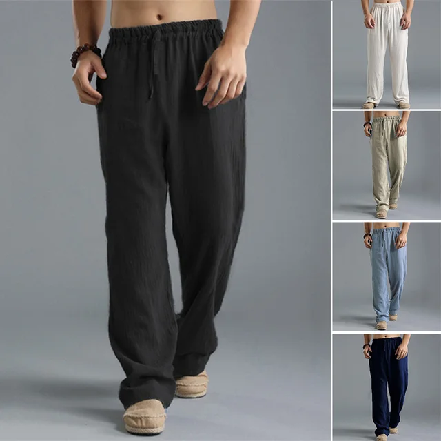 Solid Color Cotton Linen Men Pants Minimalist Basic Casual Drawstring Trousers Thin Plus Size Loose Straight Leg Pant 1