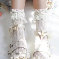 Women's Summer Spring Cotton Socks Thin White Lolita Lace Stocking Black Jk Bow Sweet Mid-leg Calf Socks Sweet Style Girls Gift 1