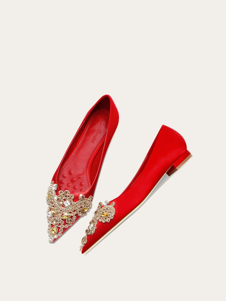 Spring and Autumn New Women's Flat Heel Satin Red Water Diamond Chinese Wedding Women's Shoes 4