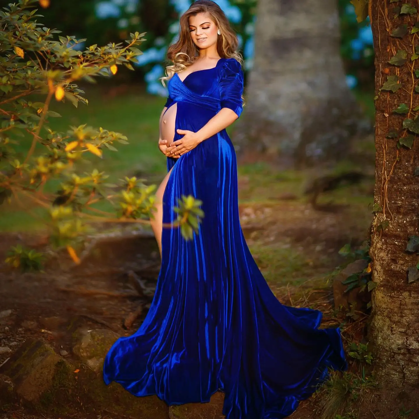 

Royal Blue Velour Maternity Photoshoot Dresses Women A Line Front Slit Prom Dress Ladies Baby Shower Gown