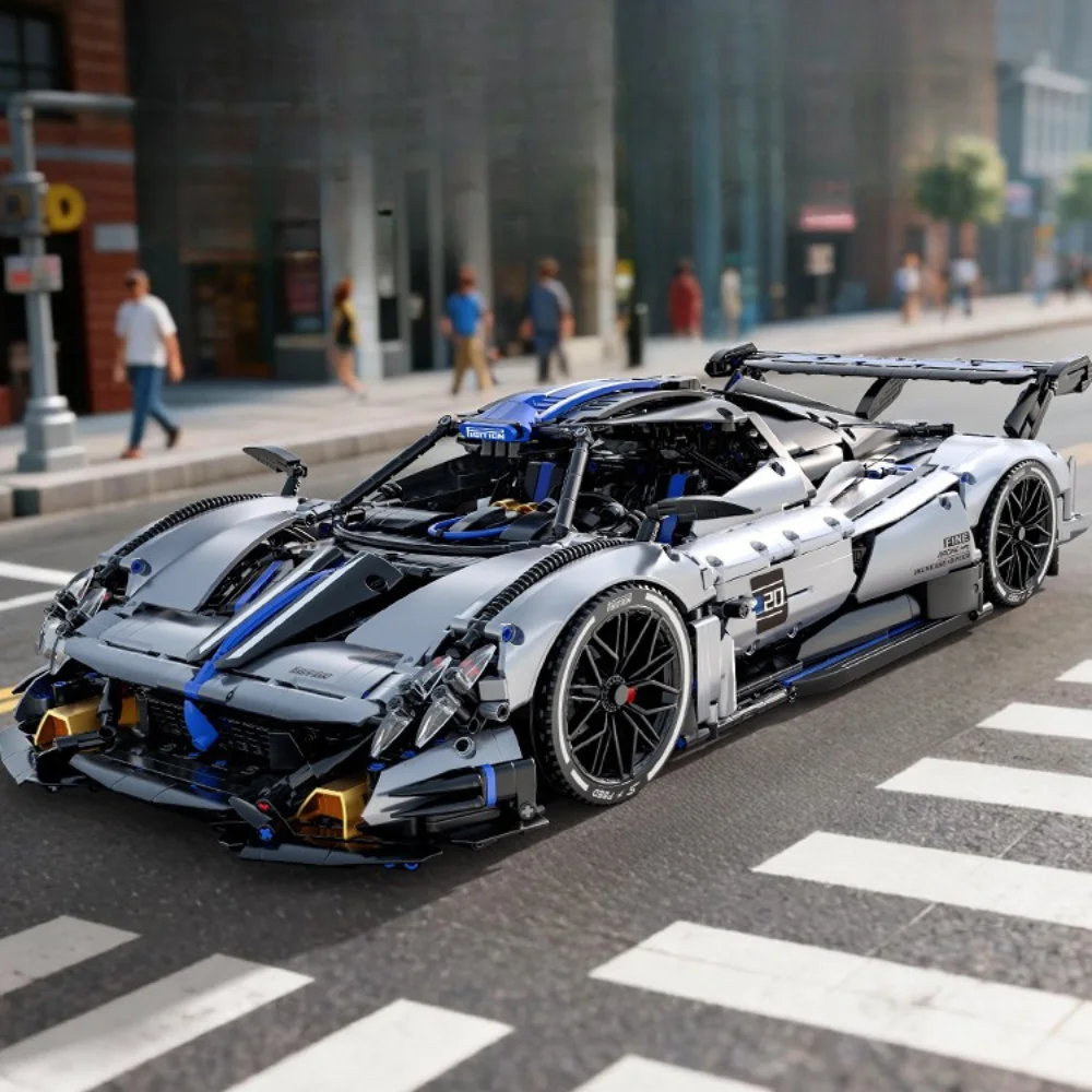 TOYLINX 3526-teiliges silber-blaues technisches Rennsportwagen-Bausteine-Set, Super-Sportwagenmodell im Maßstab 1:8, ideale Ziegelsteine, Geschenk für Jungen