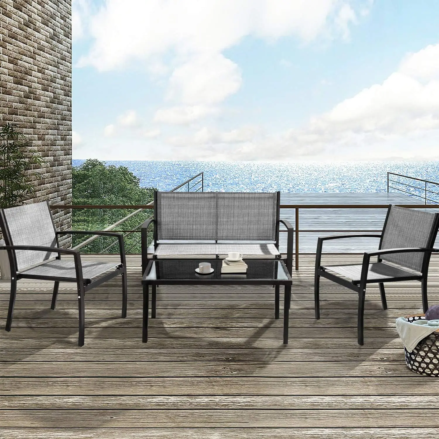 4 Pieces Outdoor Patio Furniture Set Conversation Set with Glass Coffee Table Bistro