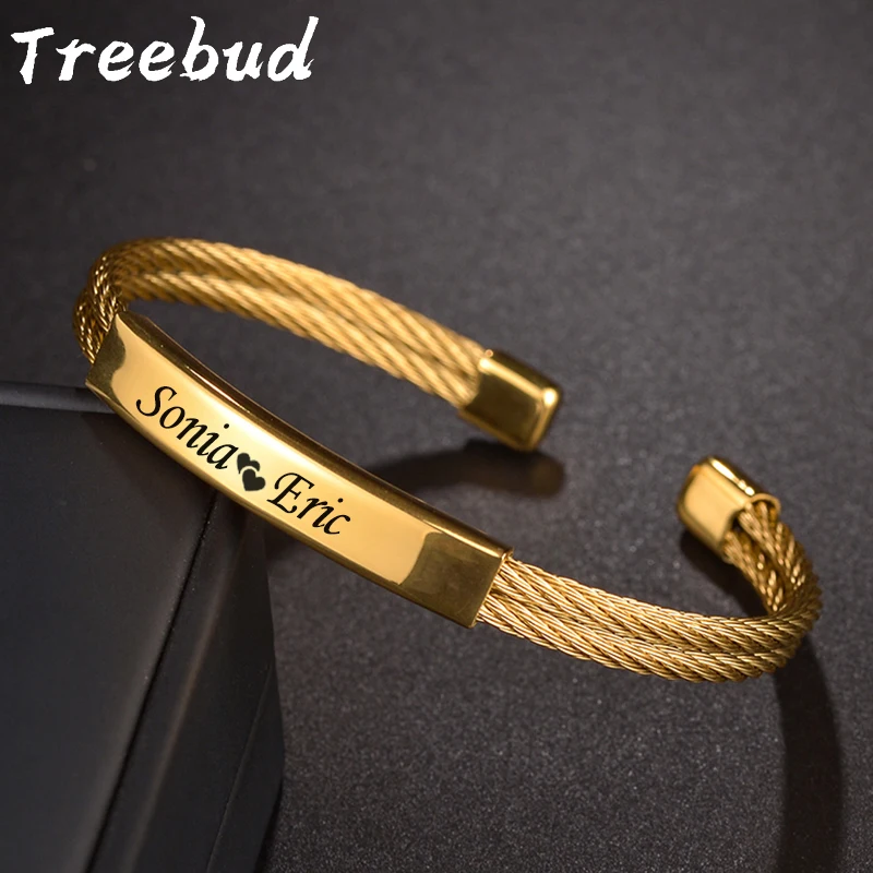 

Treebud Custom Engraved Name Cuff Bangle For Women Stainless Steel Personalized Carve Text Date Logol Adjustable Open Bracelets