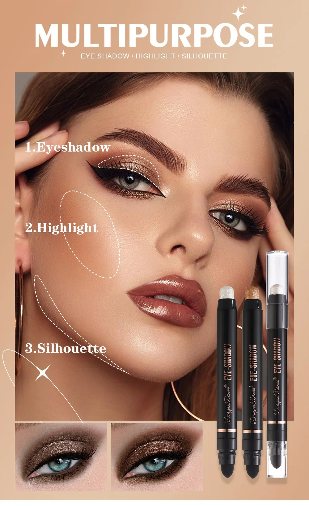 Description Picture 4 of itemNew Coloring Smoky Eyeshadow Sponge Brush Metallic Purple Dark Green Highlighter Pencil Waterproof Glitter Matte Eyeshadow Stick