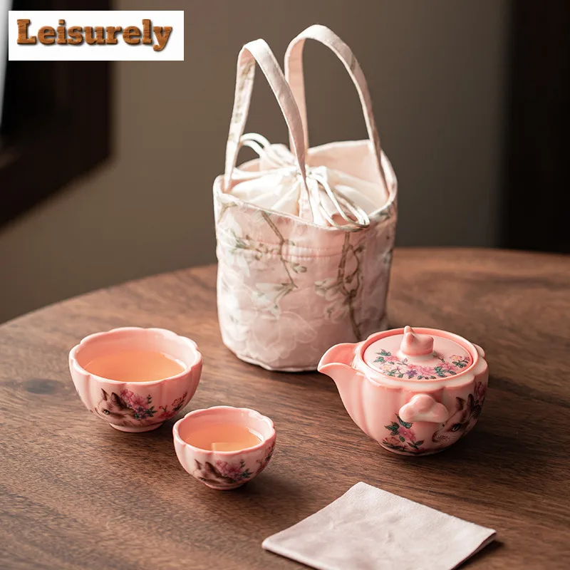 Red Powder Lard Jelly Travel Tea Set Kit Japanese 1 Pot 2 Cups Household Tea Brewing Organizer Portable Camping Handbag Supplies