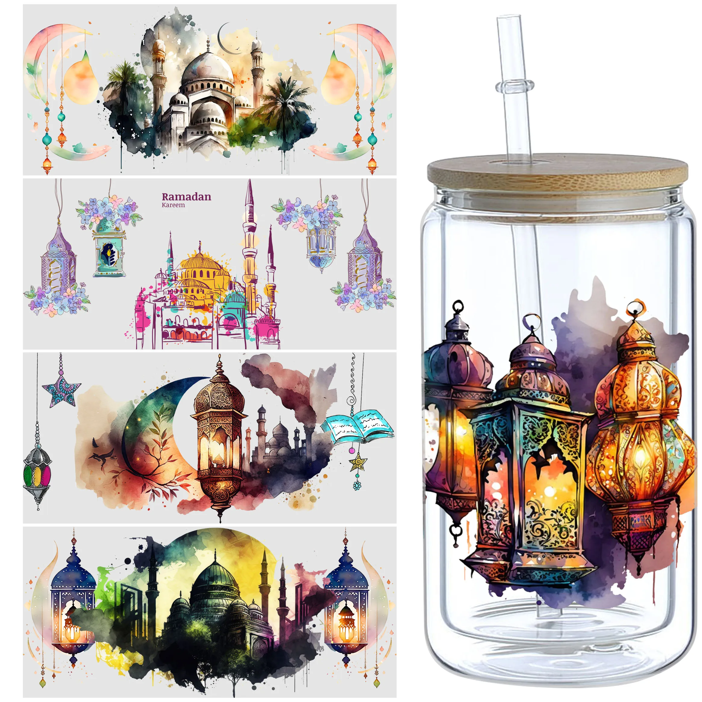 5 Sheets Islamic Ramadan UV DTF Cup Wrap Sport DTF Transfer Stickers for Glass Cup Waterproof Ramadan Rub on Transfers Cup Wraps Uv Dtf Wrap Transfer